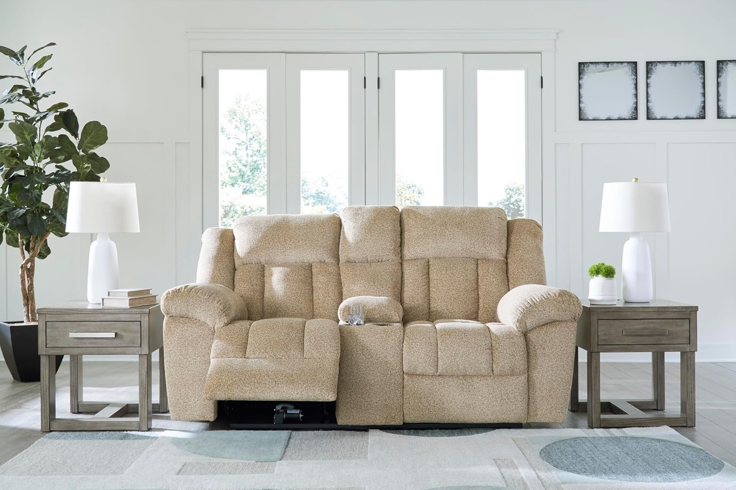 Signature Design by Ashley Tip-Off Classic Wall Hugger Power Reclining Loveseat with Adjustable Headrest, USB Ports, Storage and Cup Holders, Light Brown