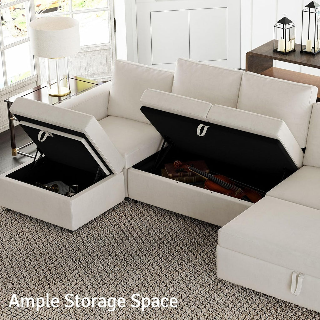 Belffin Modular Sectional Sofa with Sleeper Sofa Couch Pullout Bed, Oversized U Shaped Sleeper Sectional Couch with Storage Seat for Living Room, Beige
