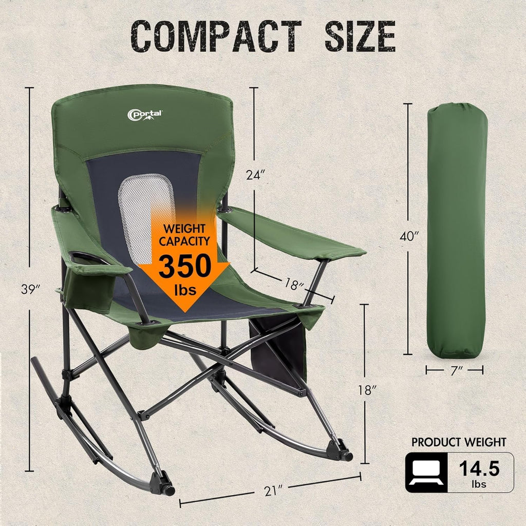 Portal Outdoor Rocking Chair Camping Folding Portable Rocker with Cup Holder Side Pocket Carry Bag, Support 350LBS (Mesh Green), 2 Pack