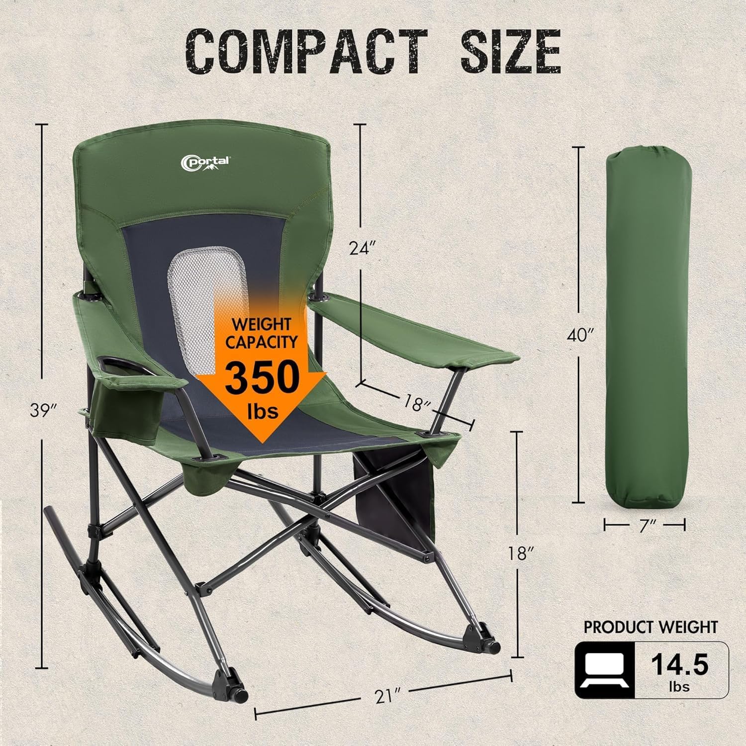 Portal Outdoor Rocking Chair Camping Folding Portable Rocker with Cup Holder Side Pocket Carry Bag, Support 350LBS (Mesh Green), 2 Pack