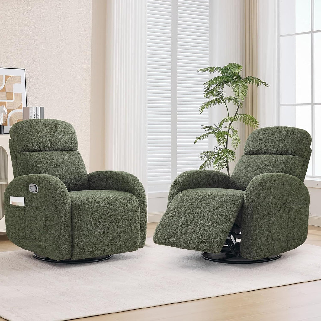 Nursery Glider Recliner, Boucle Nursery Rocking Chair Recliner, Manual Nursery Glider Recliner with Double Pockets and Lumbar Support for Adult, Teddy Green