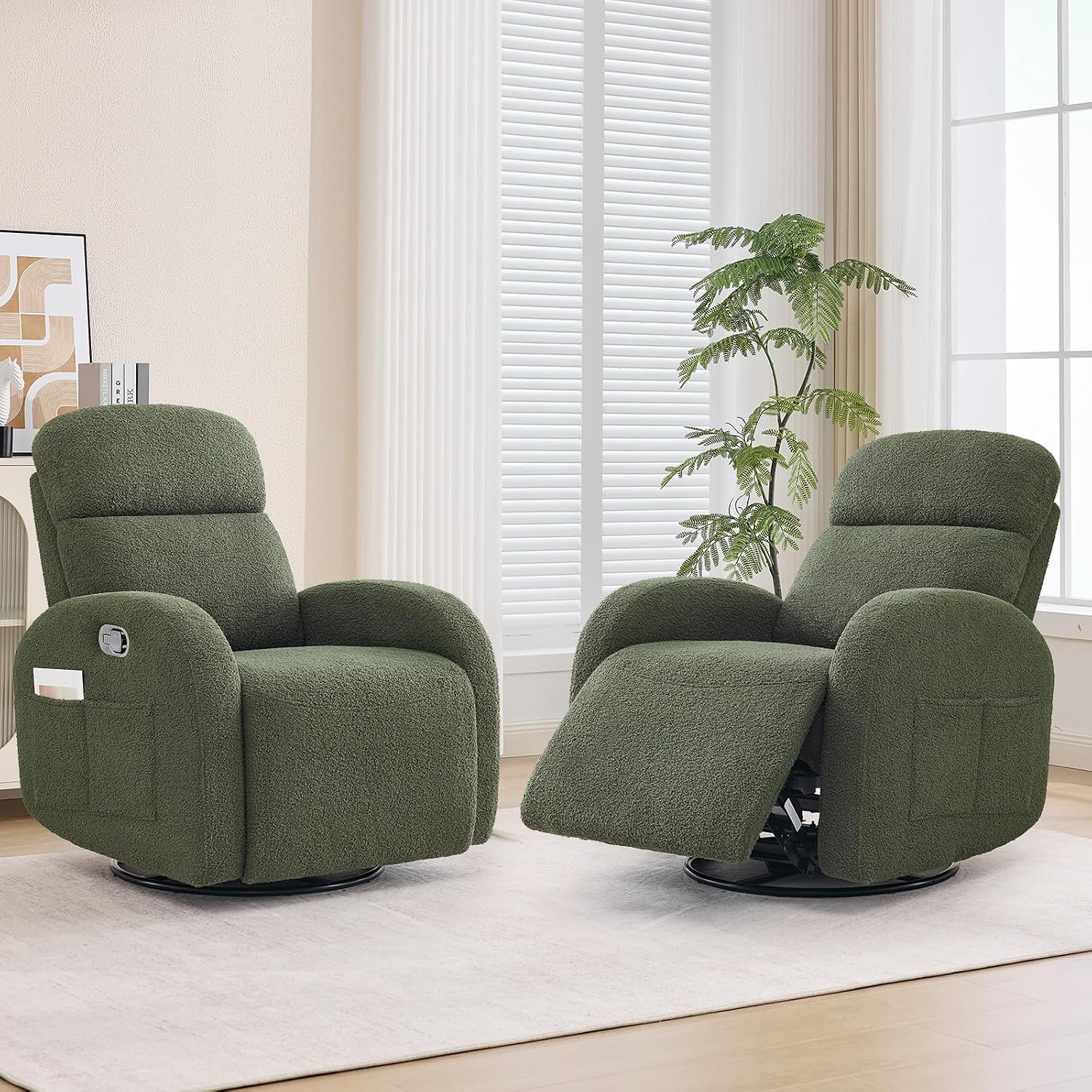 Nursery Glider Recliner, Boucle Nursery Rocking Chair Recliner, Manual Nursery Glider Recliner with Double Pockets and Lumbar Support for Adult, Teddy Green