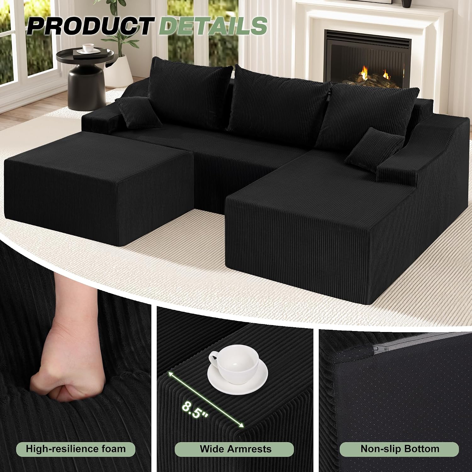 HABUTWAY U Shaped Modular Sectional Couch for Living Room, Modular Cloud Sofa with Ottoman, No Assembly Boneless Couches with Deep Seat, Corduroy Fabric (Black, Right Facing)