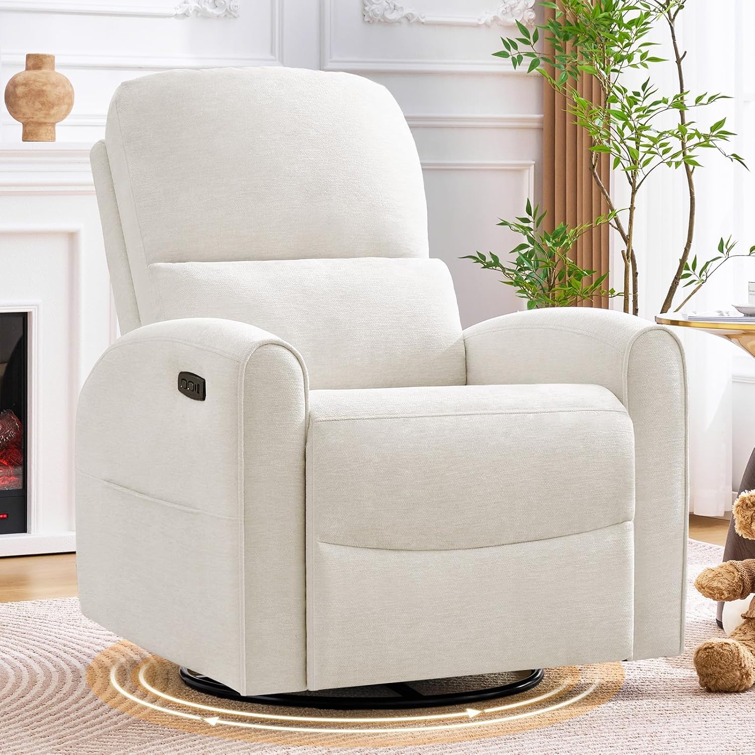 Power Swivel Rocker Recliner, Swivel Glider Nursery Electric Recliner Chair with Lumbar Support, Upholstered Rocking Recling Chairs for Adults Nursery, Living Room, Bedroom, White
