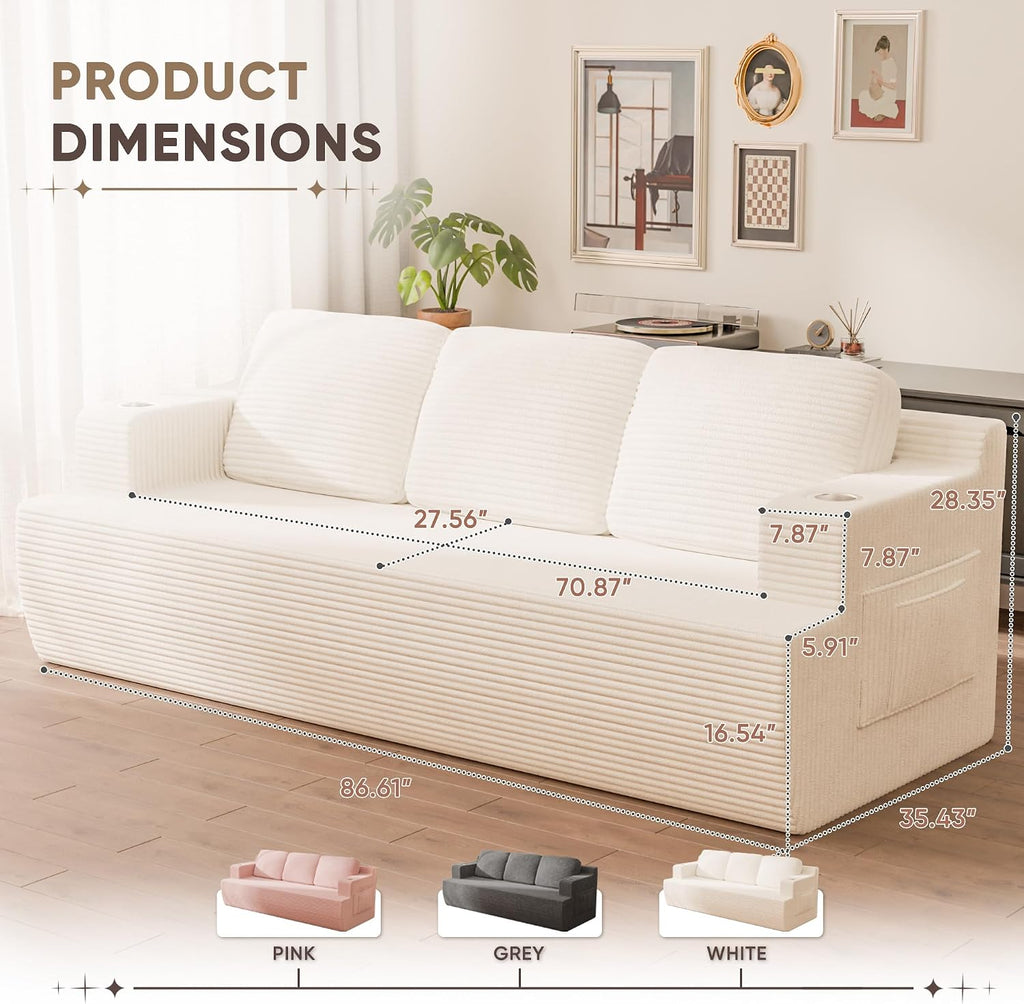 Homall 87' Boneless Sofa Couch with 2 Pillows Extra Deep Seats, Corduroy Fabric 3 Seater with Cup Holder & Storage Pocket Upholstered Floor Easy Installation (White, 3 Seater)