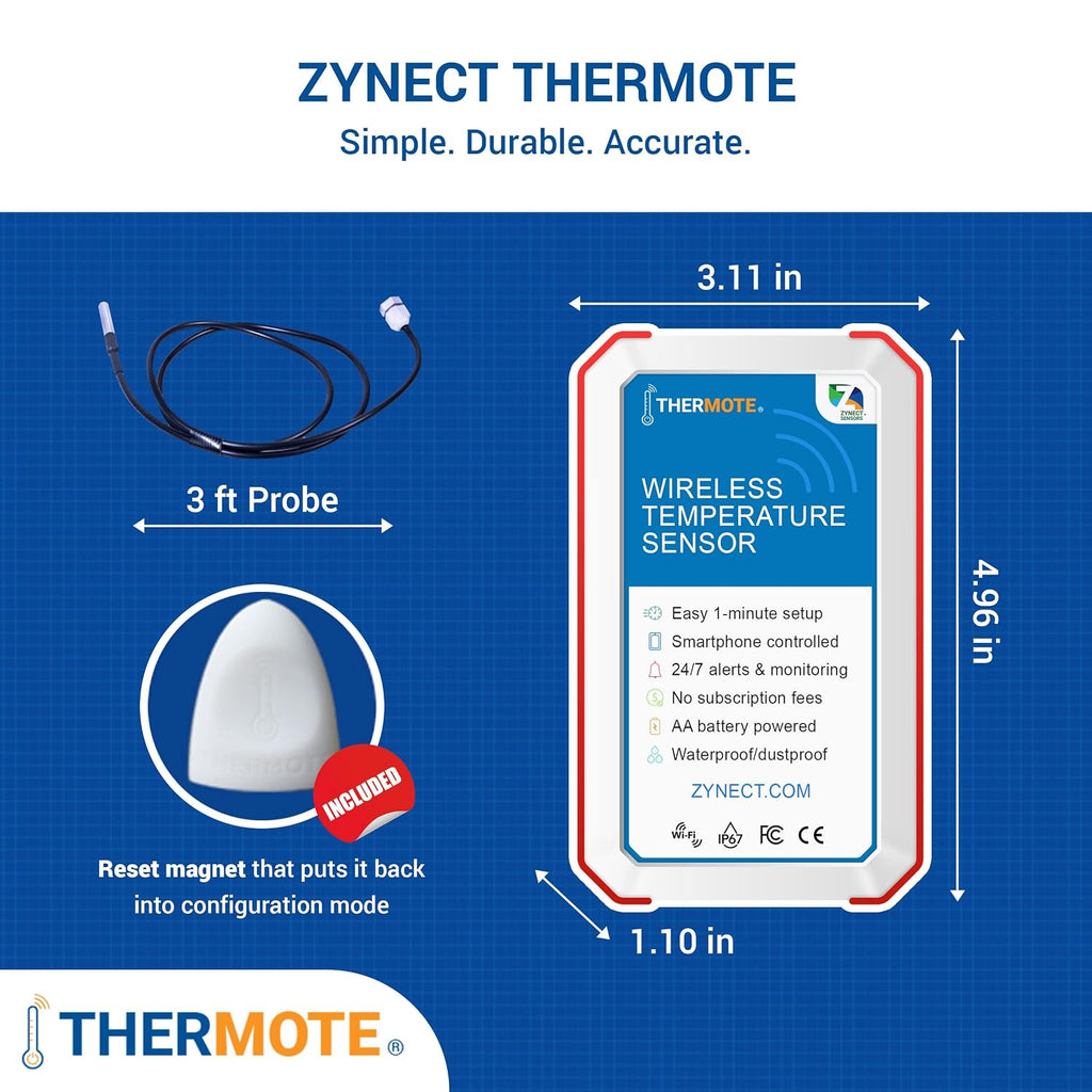 Thermote Wireless Remote Temperature Sensor. WiFi Thermometer Temperature Monitor. 24/7 Text/email alerts. Monitoring and History. Water/Dust Proof. No Subscription/Monthly Fees. Made in USA.