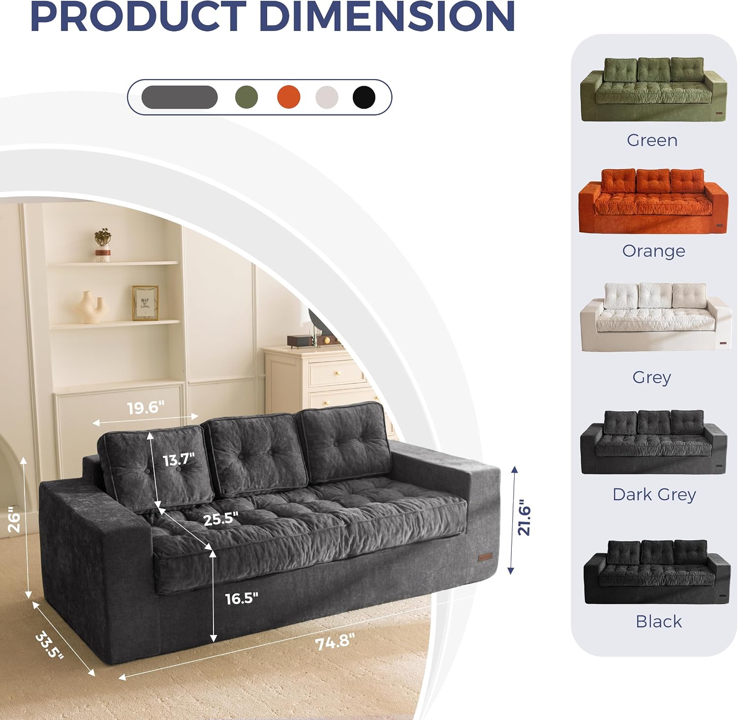 MAXYOYO 3-Seater Boneless Sofa Couch, Tufted Sofa Lounge for Living Room, Comfy Bean Bag Chair High-Density Foam Couch with Pillows, No Assembly Required