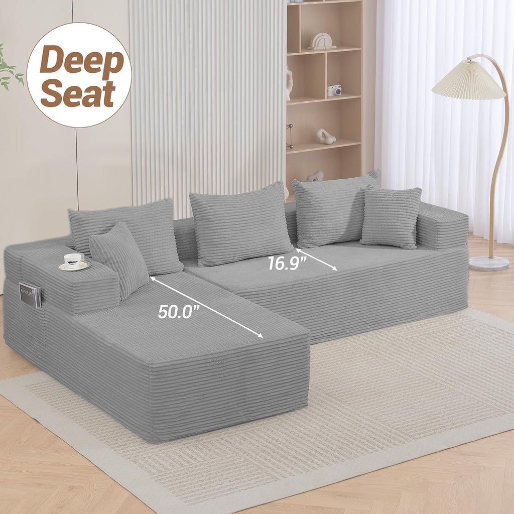 105'' Cloud Sectional Couch, Modular L-Shaped Boneless Sectional Sofa, Corduroy Deep Seat Couch, Small Space Sofas for Living Room Bedroom Apartment, No Assembly, Grey