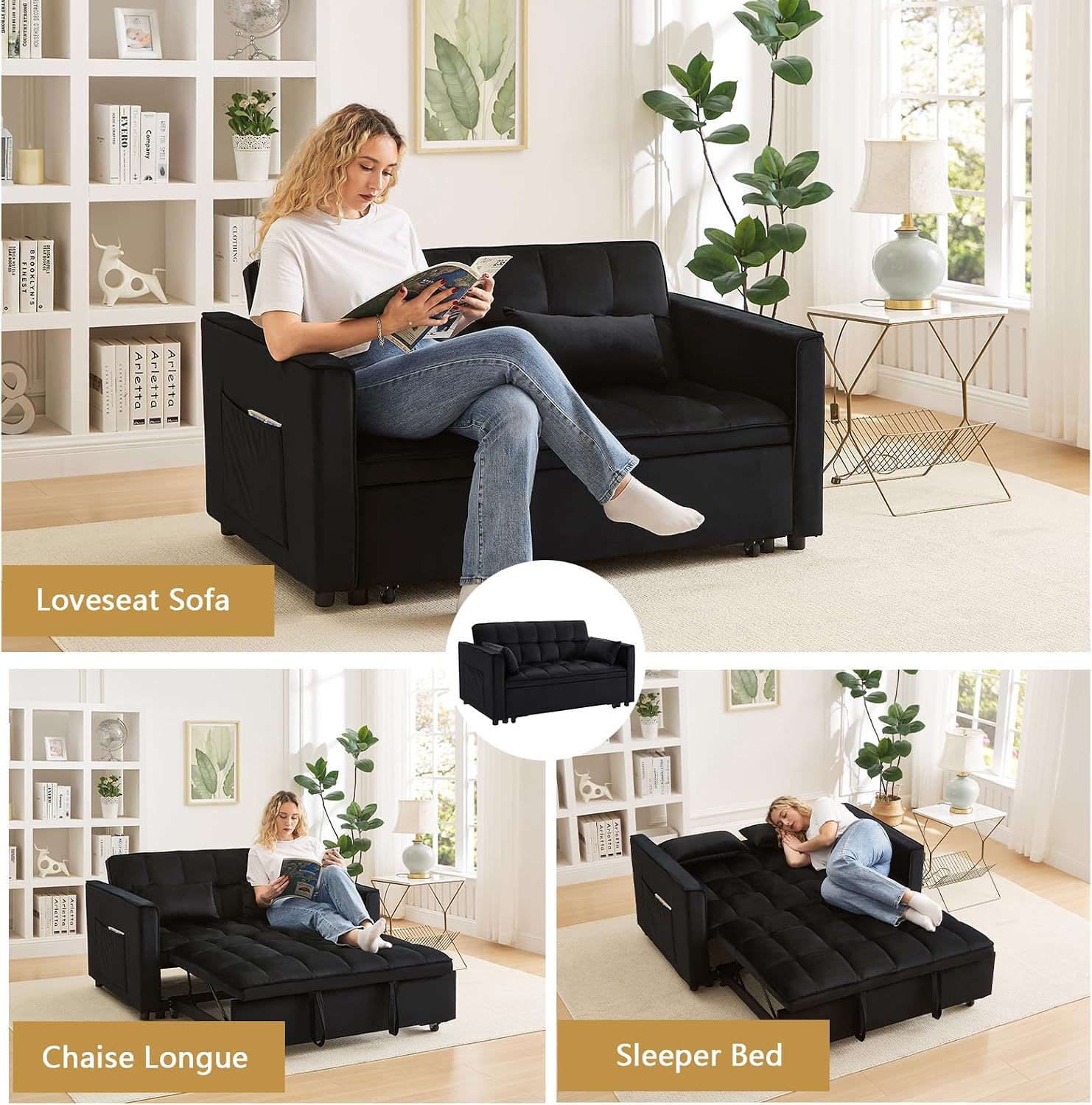 Convertible Sofa Bed,3 in 1 Pull Out Couch Adjustable Backrest, Modern Velvet Upholstery Sleeper Sofa Bed, Loveseat Couch for Living Room, Bedroom & Apartments (Black)