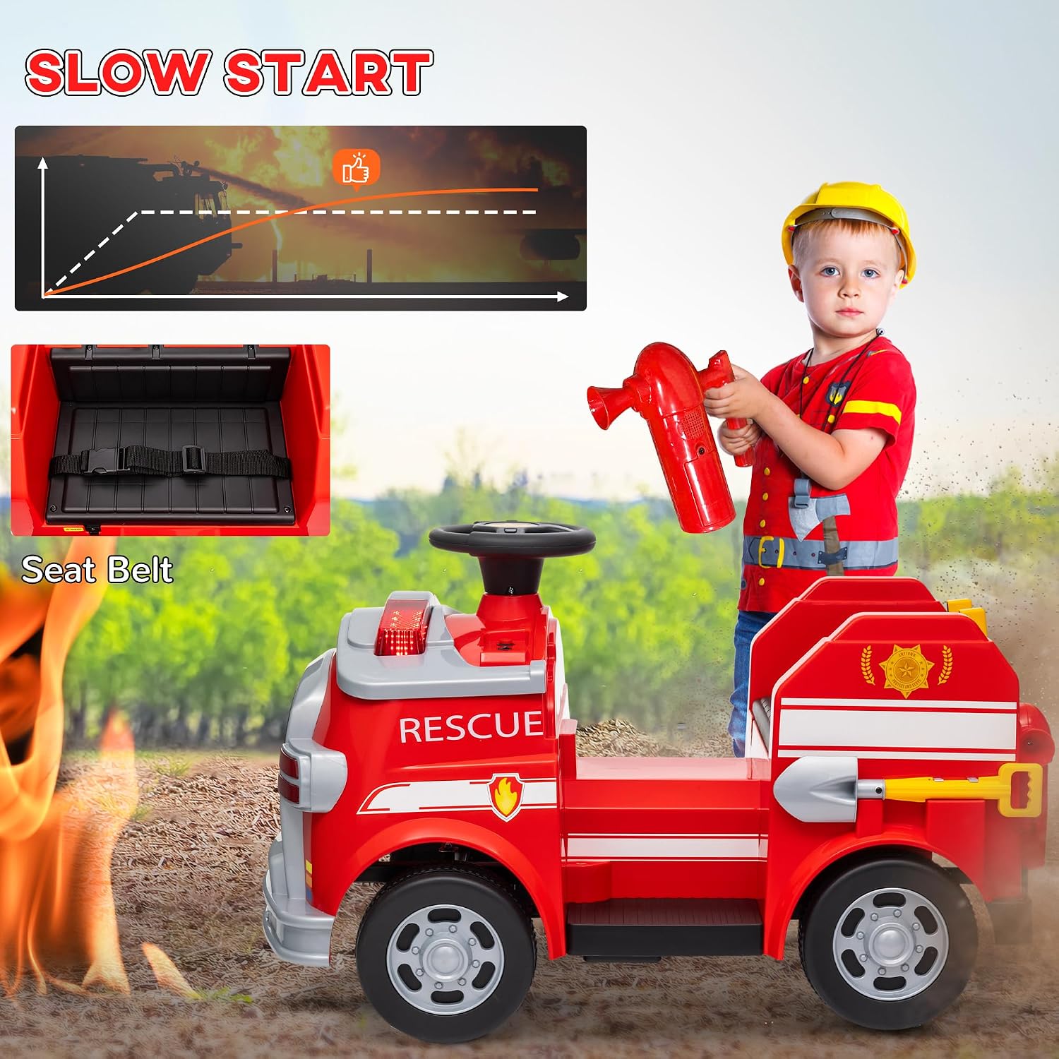 Qaba 12V Ride on Fire Truck, Battery Powered Electric Car for Kids with Siren, Flashing Lights, Fire Extinguisher, Shovel, Wrench, Ladder, Soft Start, Horn Music and, Red