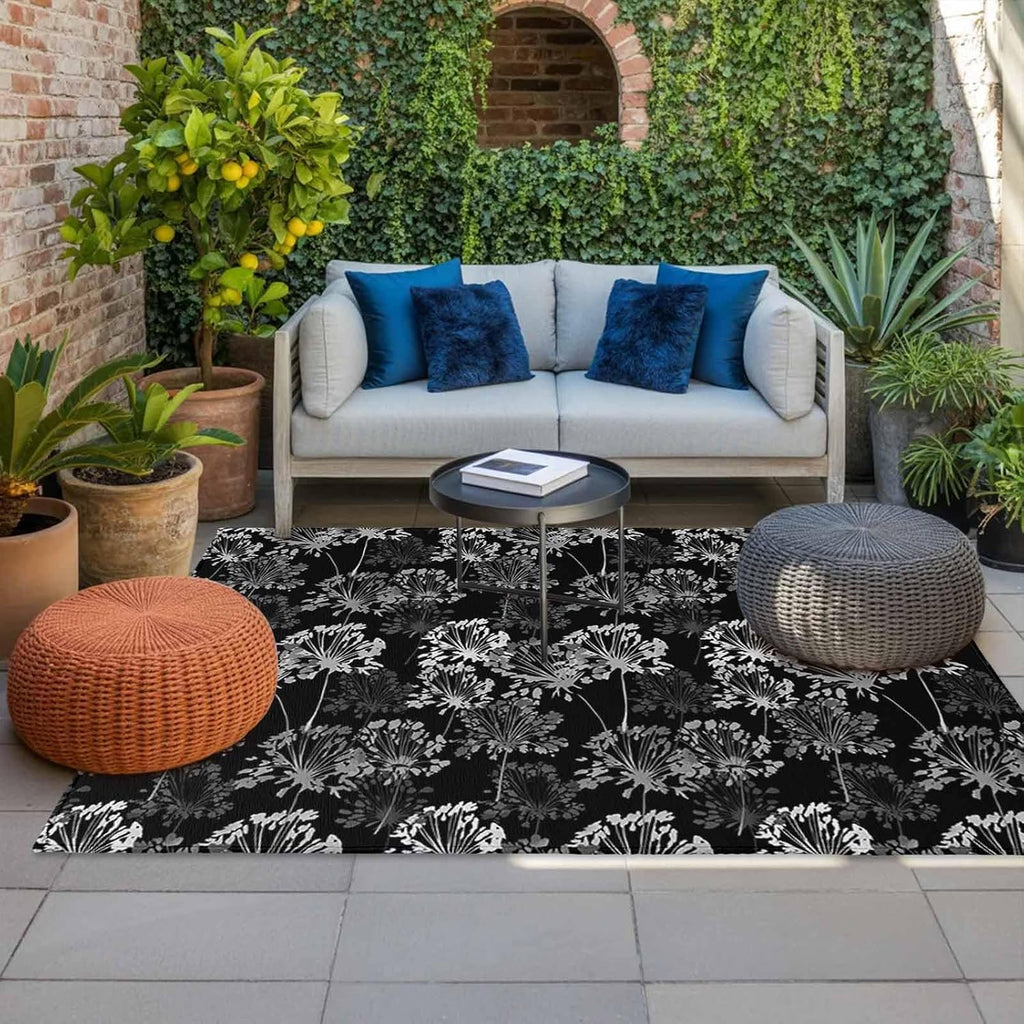 Vintage Floral Outdoor Rug for Patio/Deck/Porch, Non-Slip Large Area Rug 4 x 6 Ft, Black Dandelion Plants Country Botanical Indoor Outdoor Rugs Washable Area Rugs, Reversible Camping Rug Carpet Runner
