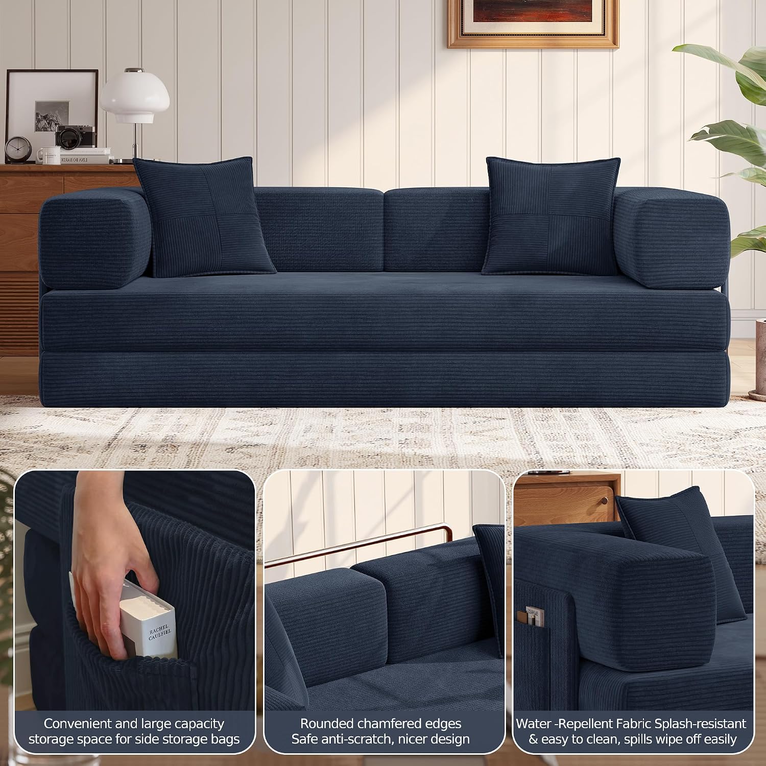 MoonSpeak 78.8''Sleeper Couch Bed for Livingroom,Convertible Modular Sofa with Armrest Pillow,Modular Foldable Corduroy Couches in a Box,No Assembly (Blue)