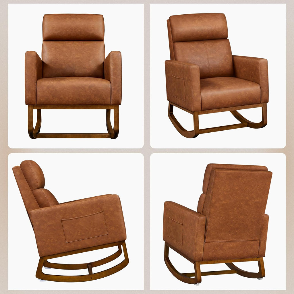 Topeakmart Nursery Rocking Chair, PU Leather Modern Accent Chair with Wood Legs Side Pocket Armchair Glider Rocker for Nursery Living Room Bedroom Lounge, Brown