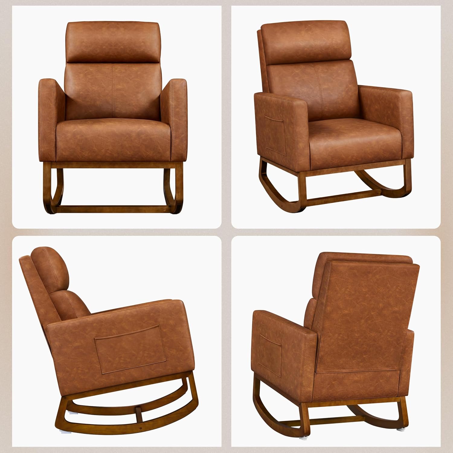 Topeakmart Nursery Rocking Chair, PU Leather Modern Accent Chair with Wood Legs Side Pocket Armchair Glider Rocker for Nursery Living Room Bedroom Lounge, Brown
