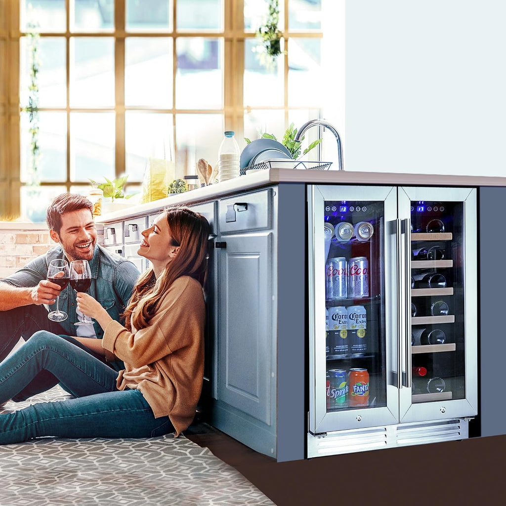Koolatron Dual Zone Wine Fridge and Wine Cooler, 56 cans & 18 bottles (24 Inch), Built-In or Freestanding Compressor Under Counter Wine Refrigerator, Independent Temperature Control with French Doors