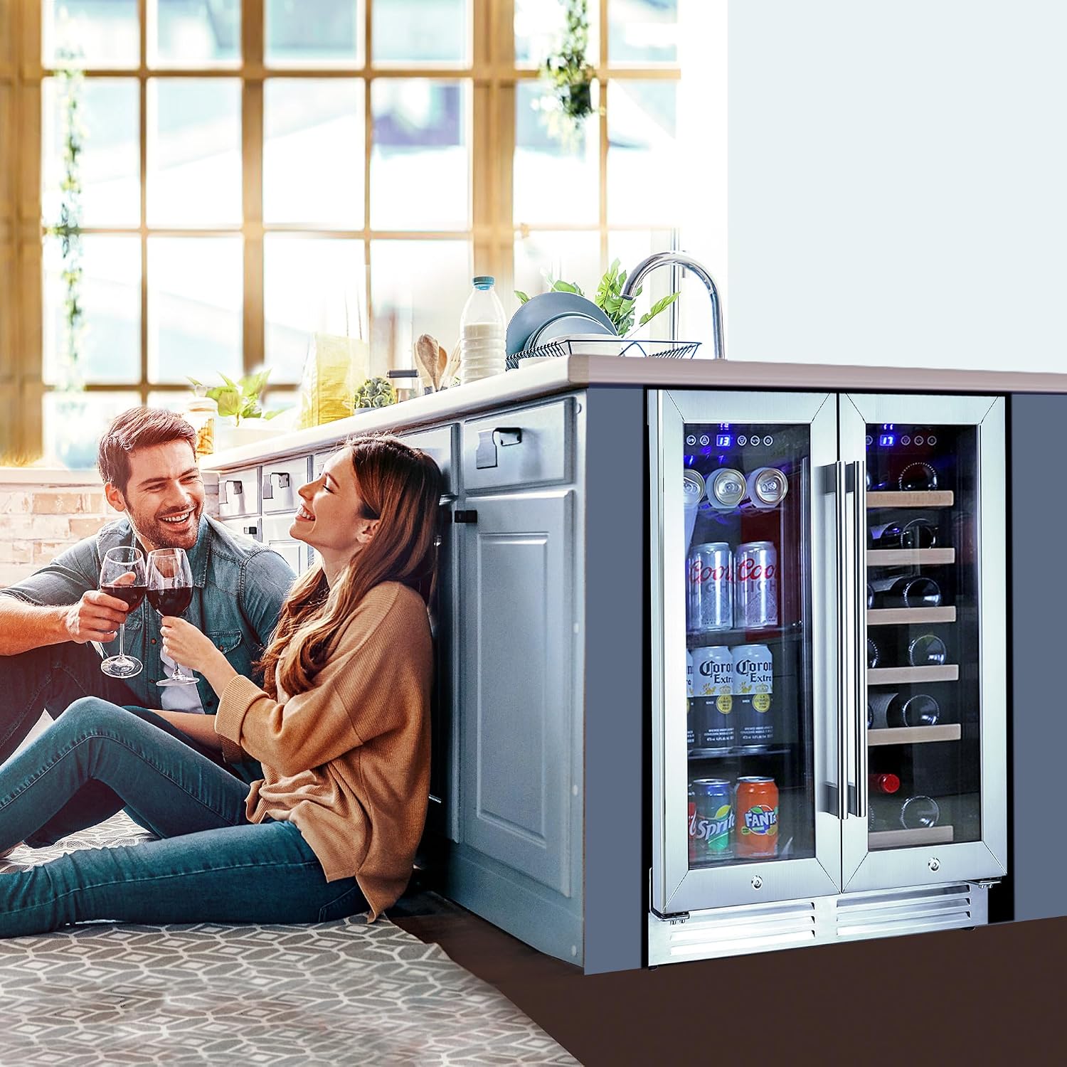 Koolatron Dual Zone Wine Fridge and Wine Cooler, 56 cans & 18 bottles (24 Inch), Built-In or Freestanding Compressor Under Counter Wine Refrigerator, Independent Temperature Control with French Doors