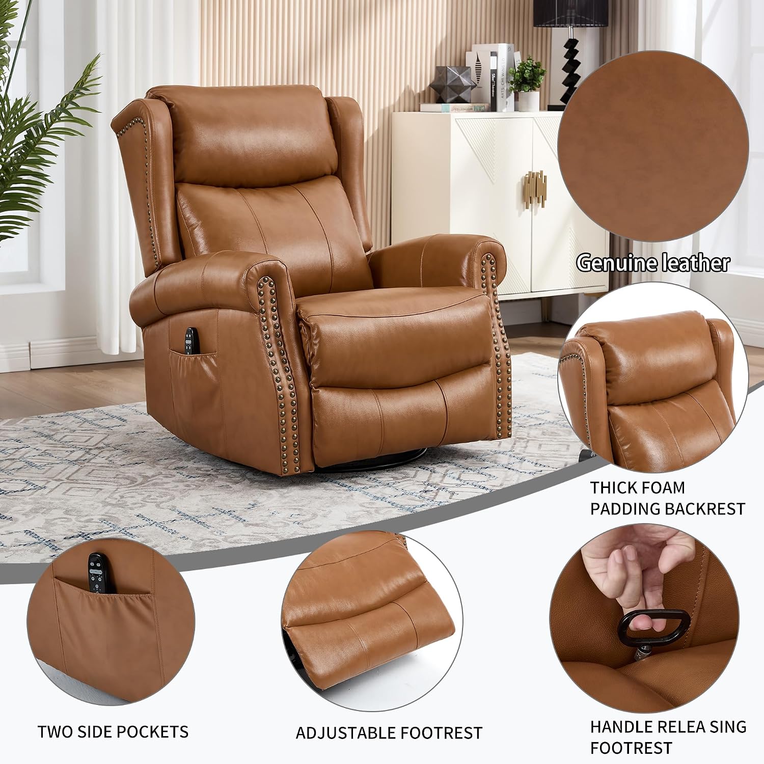 360° Swivel Glider Chair for Nursery, Wingback Genuine Leather Rocking Recliner with Lumbar Heat & Massage, 8-Point Vibration Massage for Living Room Bedroom