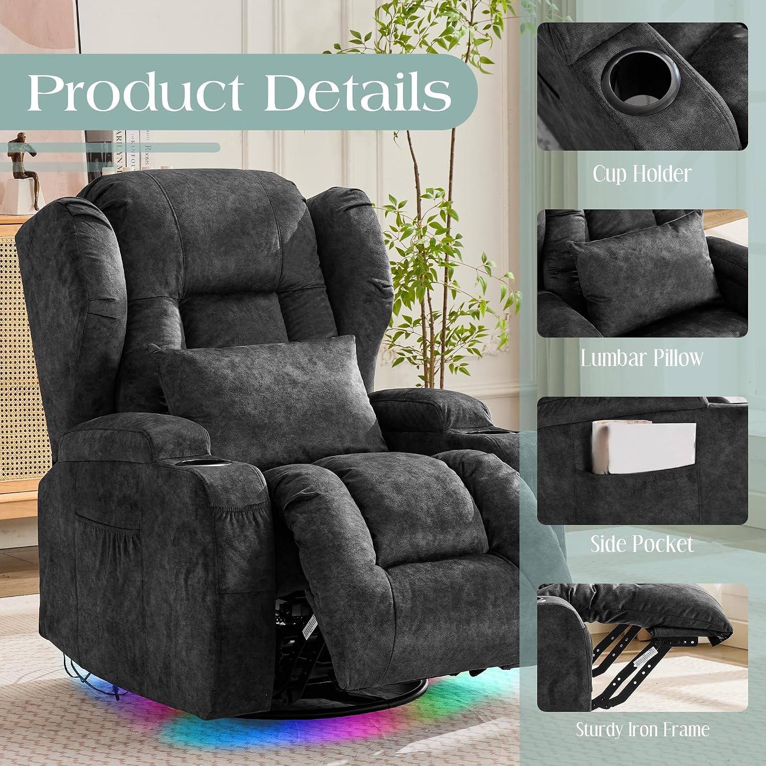 TUNYI Power Recliner Chair - Velvet Home Theater Seating Glider Reclining Sofa with Massage & Heat Swivel Rocker Recliner Chair for Living Room with LED Light/USB Port/Lumbar Pillow (VelGrey)