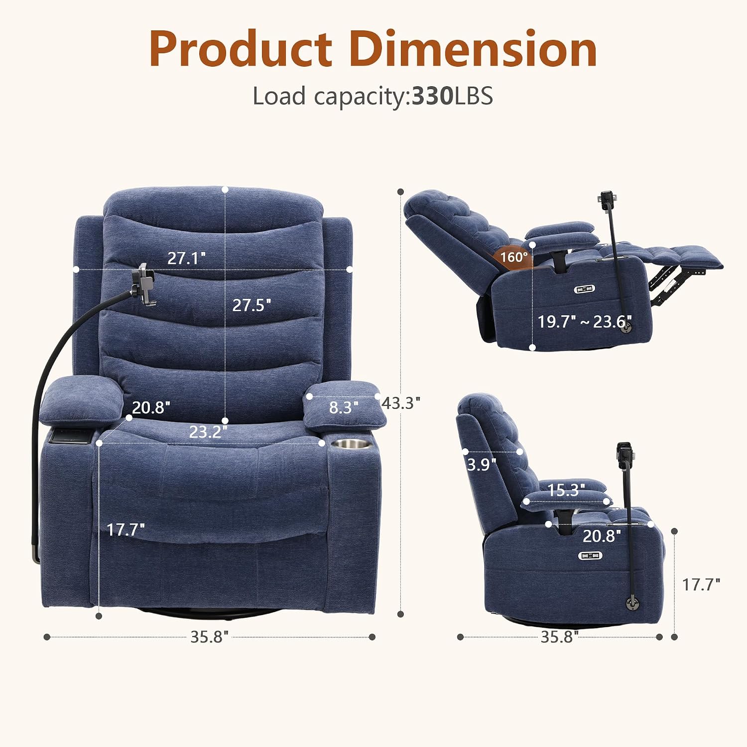 Holaki Rocking Chair Nursery, Oversized Glider Recliner Nursery Chair Swivel Reading Chair with Heated Lumbar Support Smart Cup Holder and Fast-Charging Phone Mount for Breastfeeding(Blue)