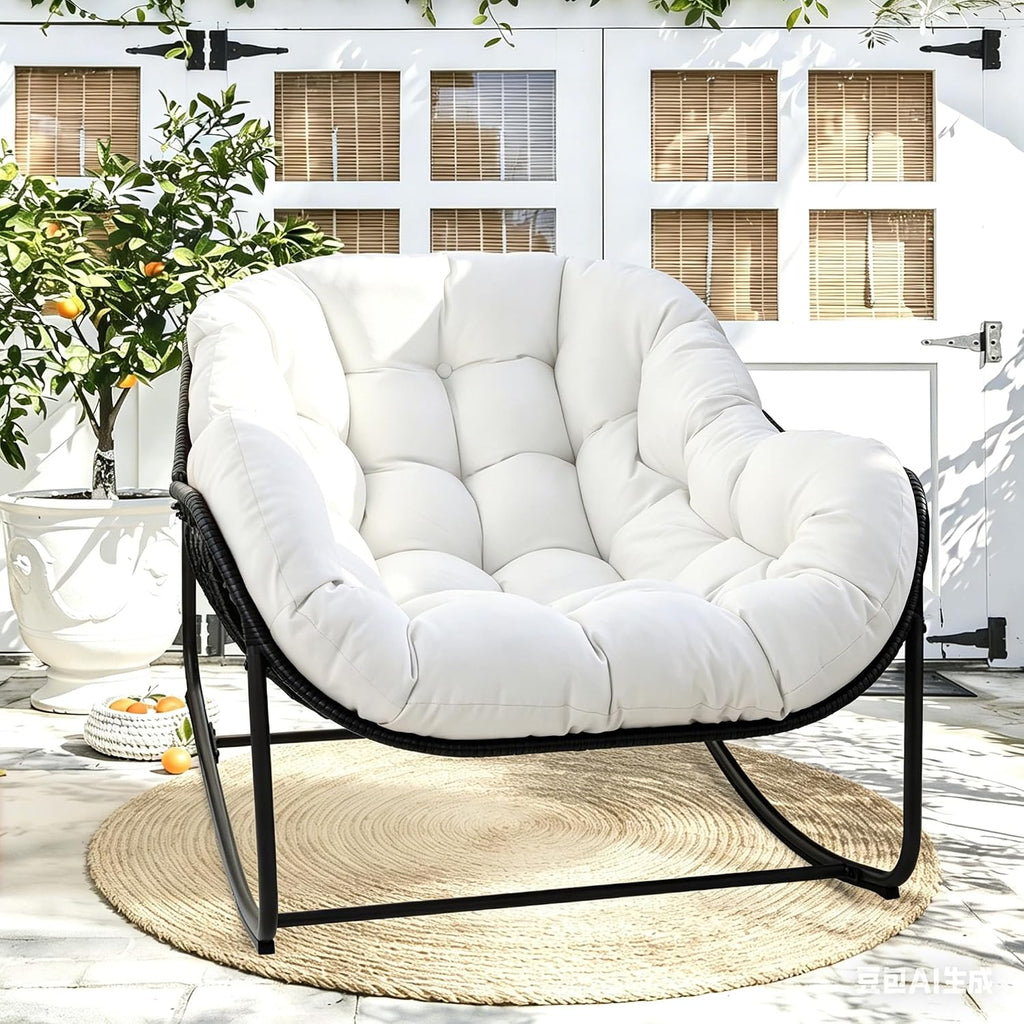 Papasan Rocking Chair Indoor & Outdoor, Oversized Egg-Shaped Papasan Rocker with Cushion & Pillow, All-Weather Wicker Patio Lounge Chair for Garden, Porch, Living Room (White)