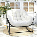 Papasan Rocking Chair Indoor & Outdoor, Oversized Egg-Shaped Papasan Rocker with Cushion & Pillow, All-Weather Wicker Patio Lounge Chair for Garden, Porch, Living Room (White)