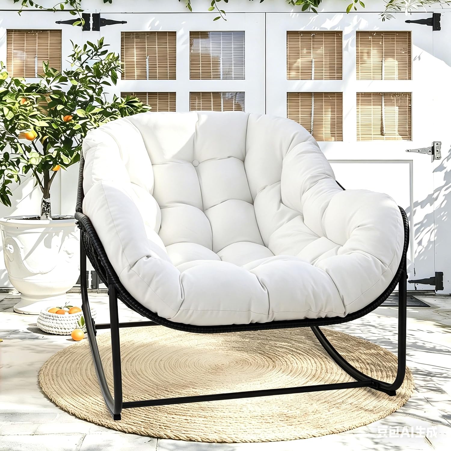 Papasan Rocking Chair Indoor & Outdoor, Oversized Egg-Shaped Papasan Rocker with Cushion & Pillow, All-Weather Wicker Patio Lounge Chair for Garden, Porch, Living Room (White)