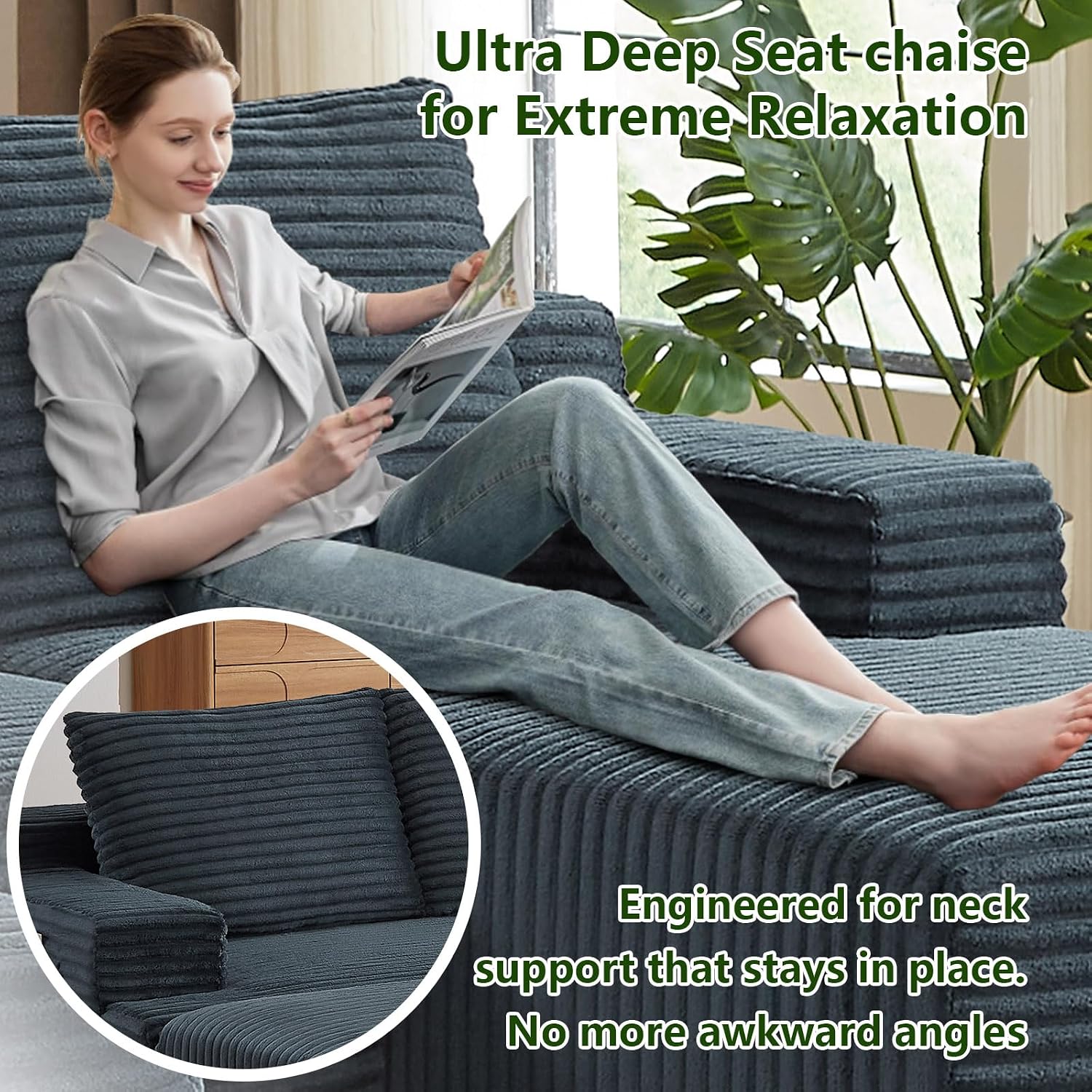 96.1' Modular Sectional Sofa with Ottoman, Modern Corduroy Cloud Couch, Boneless Couch Upholstered 3-Seater U-Shaped Sofa for Living Room, No Assembly (Dark Grey, Right-Facing Chaise)