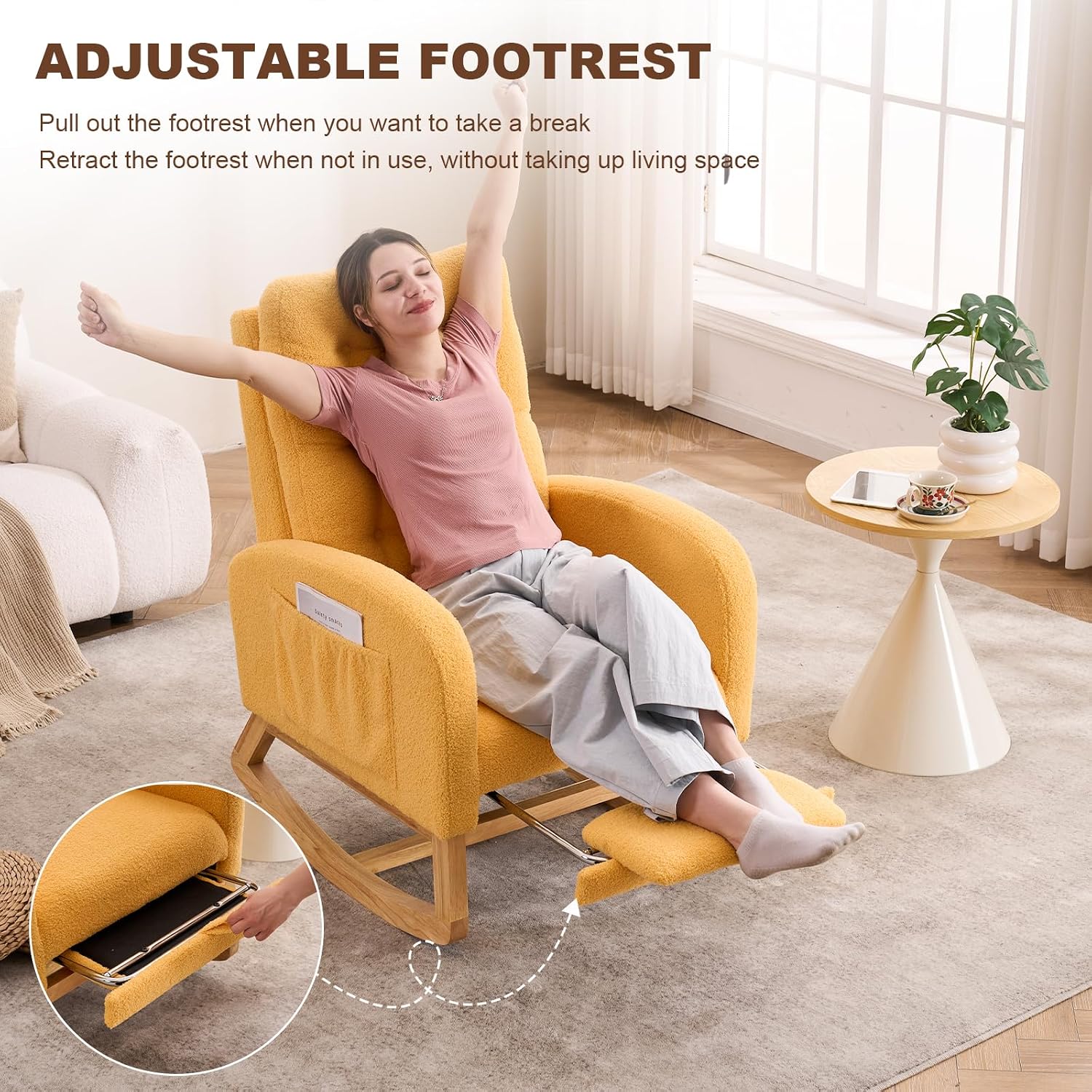 Nursery Rocking Chair,Rubber Wood Base Glider Rocking Chair with Adjustable Footrest and Side Pocket,Teddy Fleece Glider Rocker for Living Room, Bedroom (Teddy Fleece, Yellow)