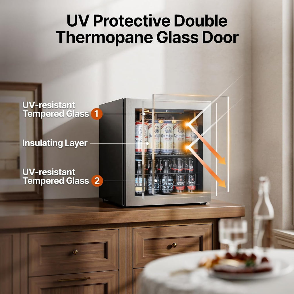 Ca'Lefort Mini Fridge Beverage Cooler, 65 Can Beverage Refrigerator with Reversible Glass Door, Adjustable Shelves for Soda, Beer & Drinks, Digital Temperature Control for Dorm, Office & Home