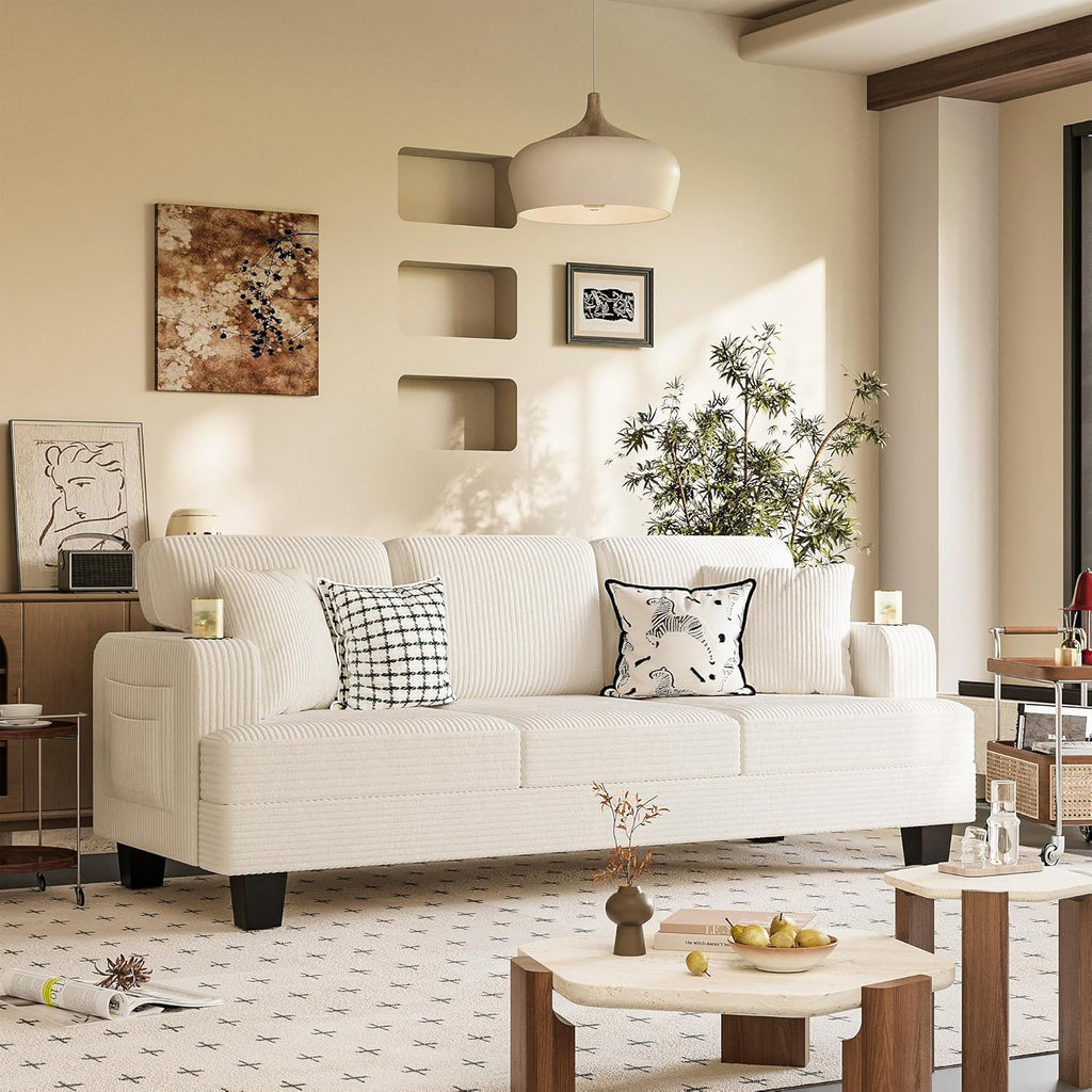 83' Modern Couch with Cup Holders, 3 Seater Couch with Comfy Pillow & Side Storage Pockets, Corduroyn Small Couch with Deep Seat Couch for Living Room, Bedroom, Apartment and Office (Beige)