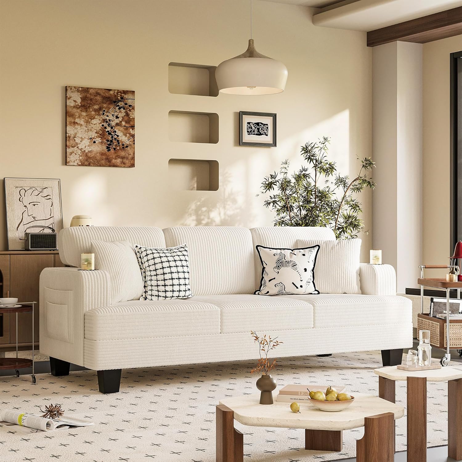 83' Modern Couch with Cup Holders, 3 Seater Couch with Comfy Pillow & Side Storage Pockets, Corduroyn Small Couch with Deep Seat Couch for Living Room, Bedroom, Apartment and Office (Beige)