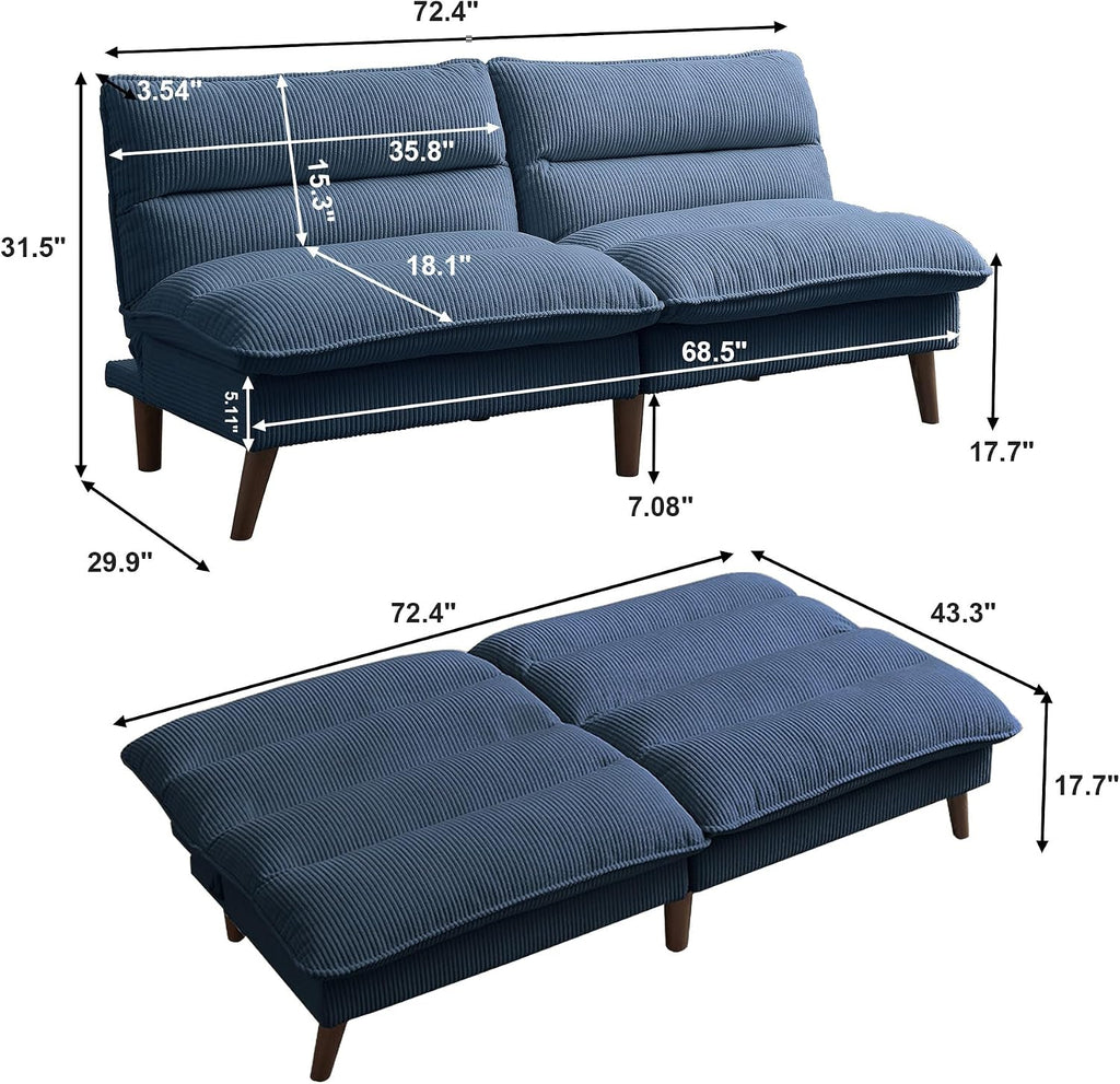 72' Futon Sofa Bed, Futon Couch with Adjustable Backrest, Recliner Small Loveseat for Living Room, Office, Apartment, Corduroy Loveseat, Blue