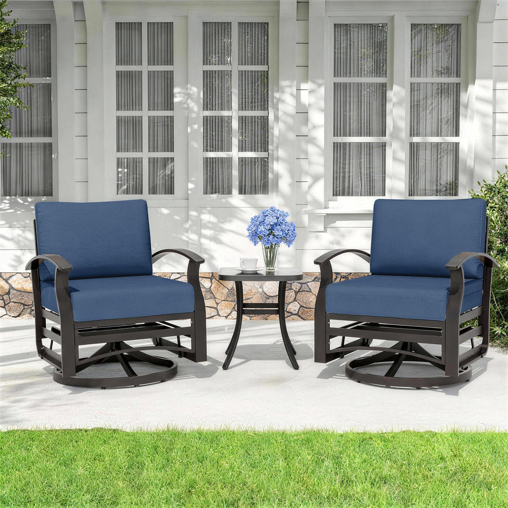 Kurapika 3 Pieces Patio Furniture Set, Outdoor Aluminum Swivel Gliders Rocker, Patio Bistro Set Rocking Chair with Thickened Cushions and Side Table for Porch Garden(Navy Blue)