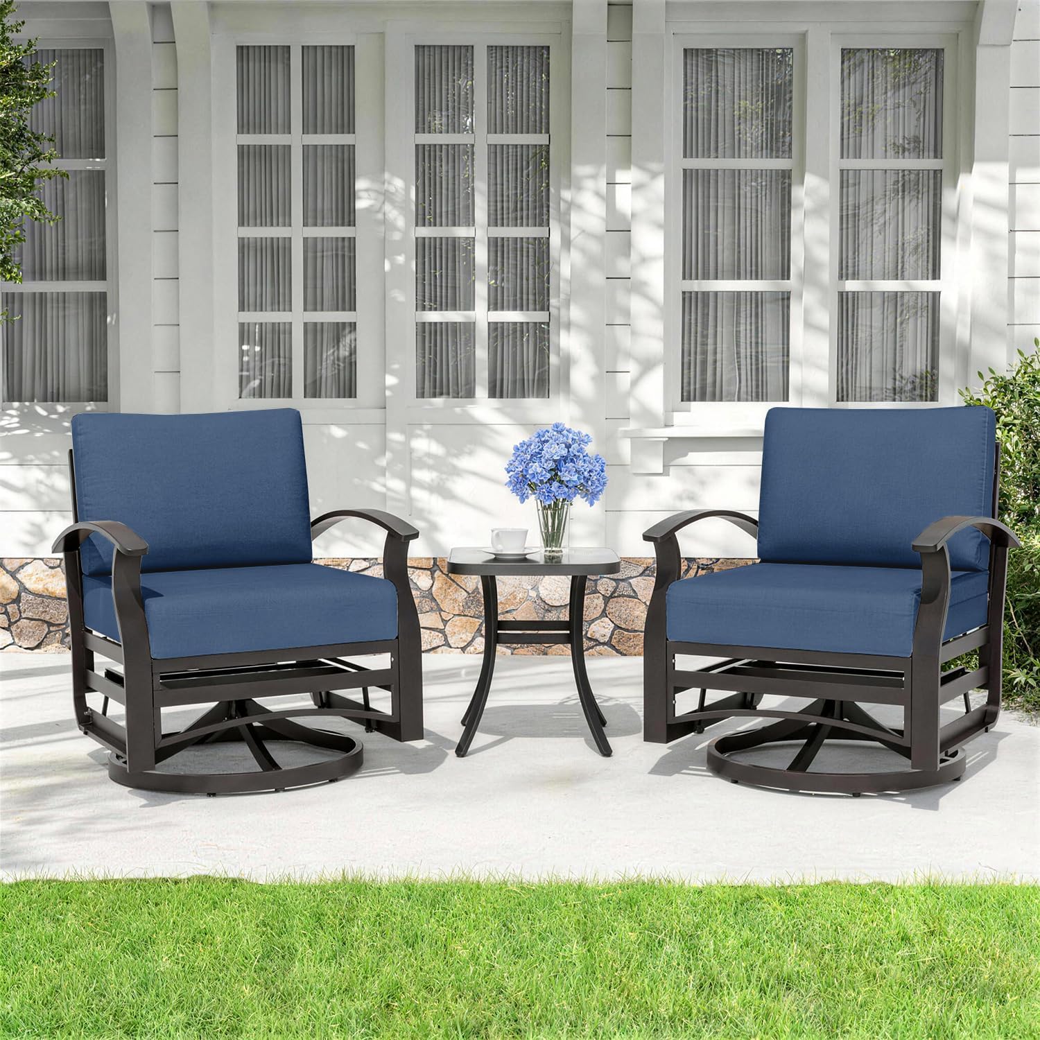 Kurapika 3 Pieces Patio Furniture Set, Outdoor Aluminum Swivel Gliders Rocker, Patio Bistro Set Rocking Chair with Thickened Cushions and Side Table for Porch Garden(Navy Blue)