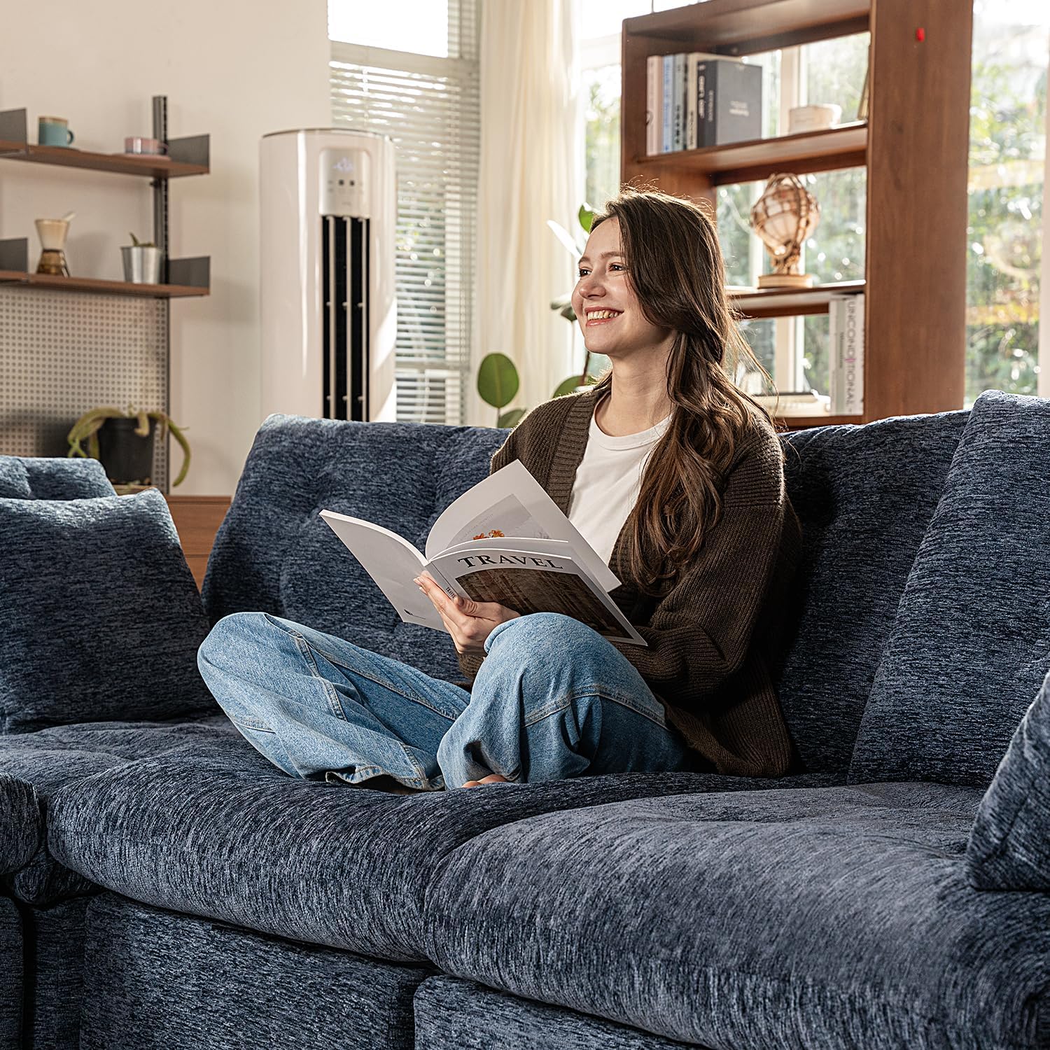 110' Cloud Sectional Couches L-Shaped Modular Boneless Chenille Sofa Couches with Deep Seat Ottoman and Side Pockets, Module Combination for Living Room 3 Seater