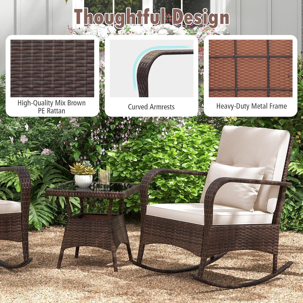 HAPPYGRILL 3 Piece Outdoor Rocking Bistro Set, Rattan Wicker Rocking Chairs with Tempered Glass Coffee Table, Rocker Chairs Set with Cushions & Pillows, for Backyard, Porch, Poolside