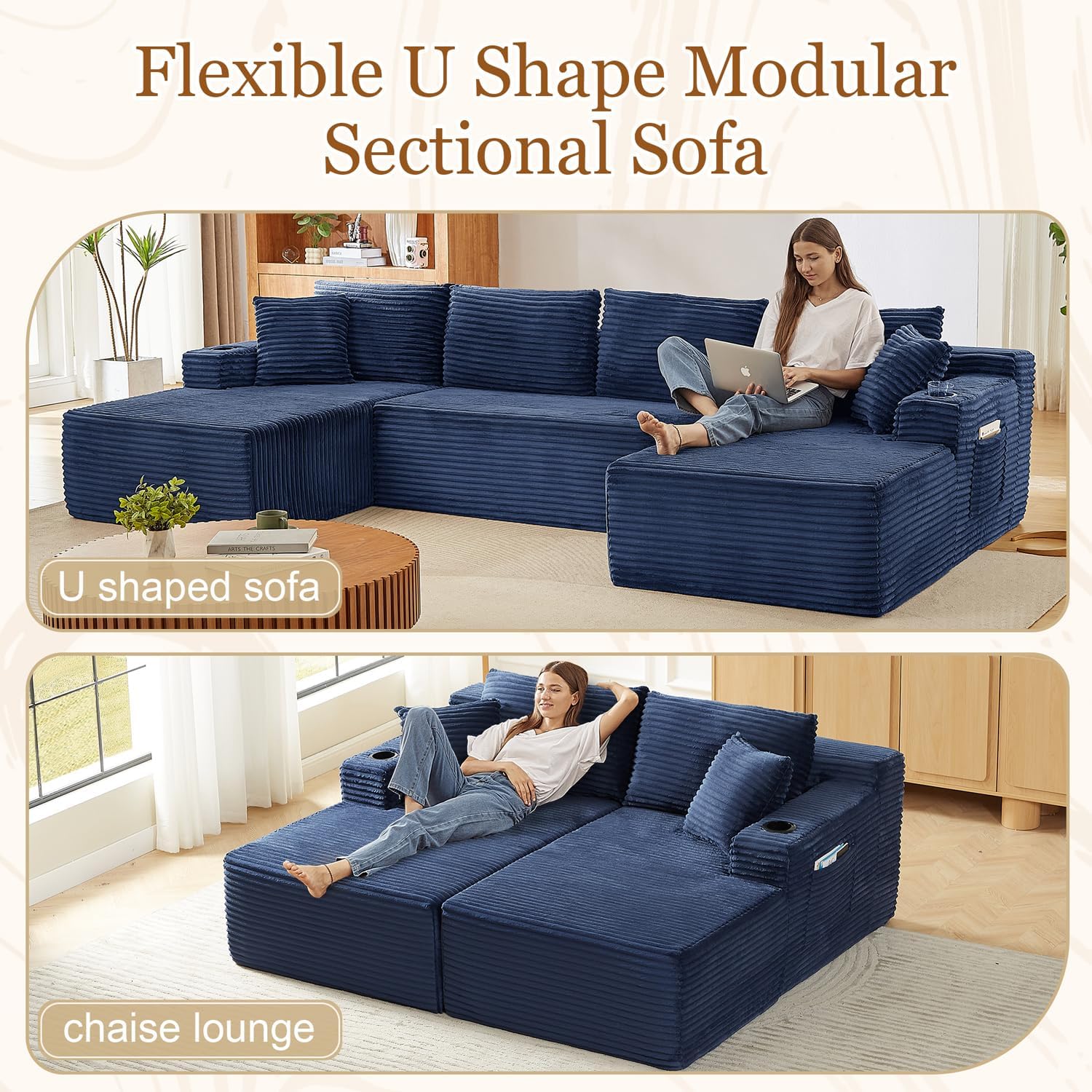 134 Inch Modular Sectional Sleeper Sofa, Boneless Cloud Couch for Living Room, U Shaped 5 Seat Sofa with 2 Storage Pockets& 2 Cup Holders, Free Combination, No Assembly Required (Blue)