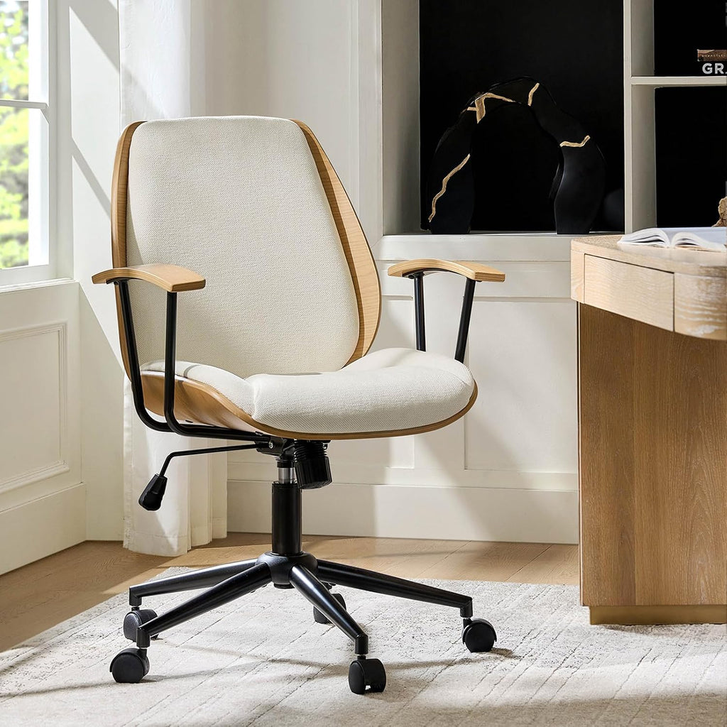 HULALA HOME Solid Wood Office Chair with Rocking Function, Comfy Fabric Desk Chair with Bent Wood and Metal Base, Height Adjustable Swivel Computer Task Chair, Ivory