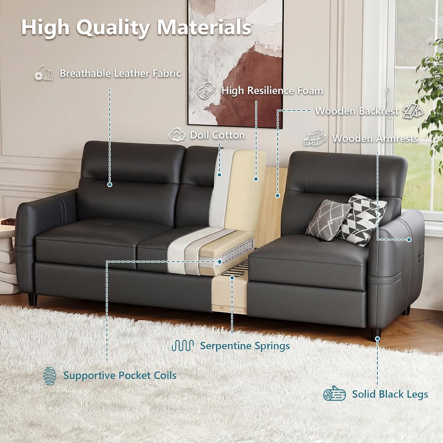 STHOUYN 85' Black Faux Leather Couch with USB, 3 Seater Sofa Couches for Living Room, Large Mid Century Modern Office Apartment Couch (Black)