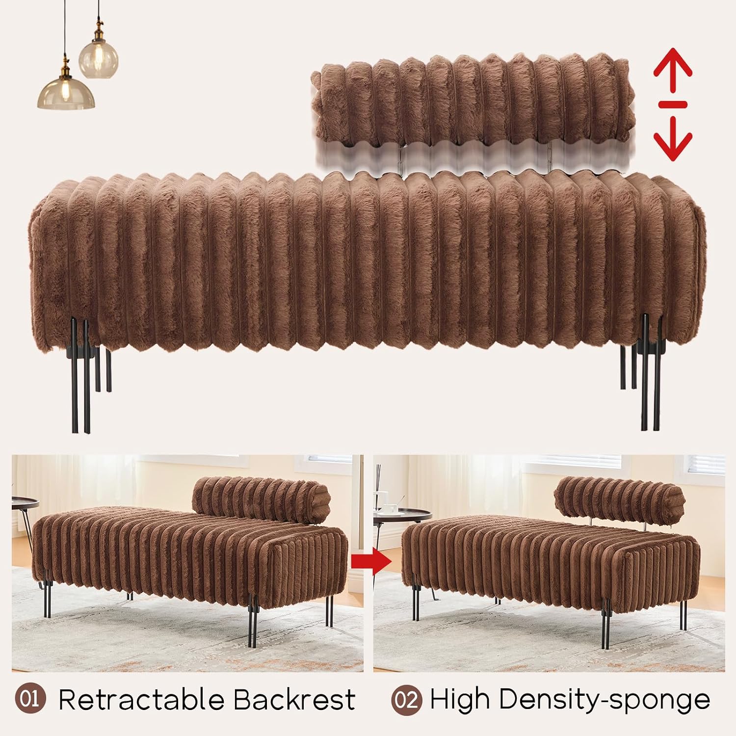 NIOIIKIT 49.6' Modern Loveseat Sofa Couch, Upholstered Accent Sofa with Golden Legs and Adjustable Backrest, Small Faux Fur Couches for Bedroom, Living Room, Compact Small Space (Brown)