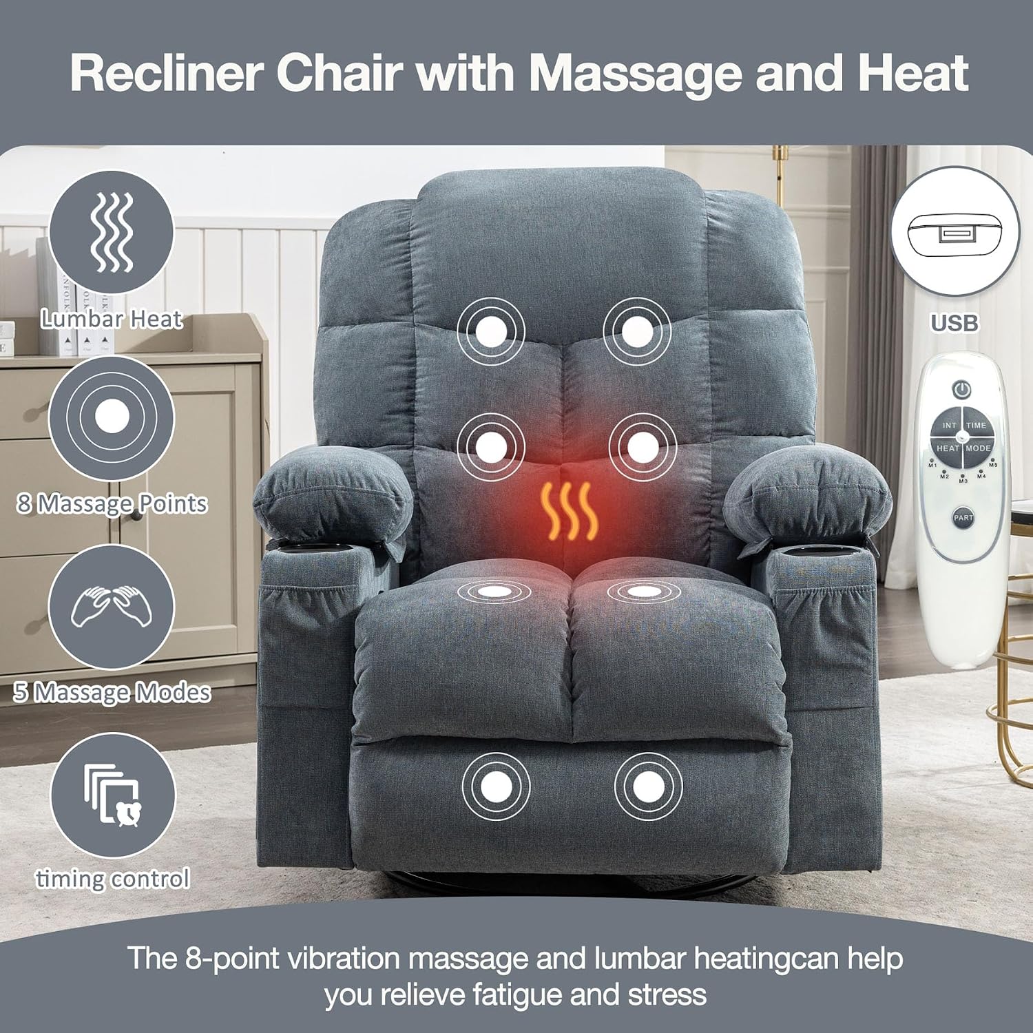 Massage Chair Recliner with Heat&USB,Comfotable Lazy Boy Recliner Chair with Cup Holder&2 Side Pockets,Manual Recliner Chair for Adults,Bread-Shaped,Heavy Duty,Fabric (Blue2)