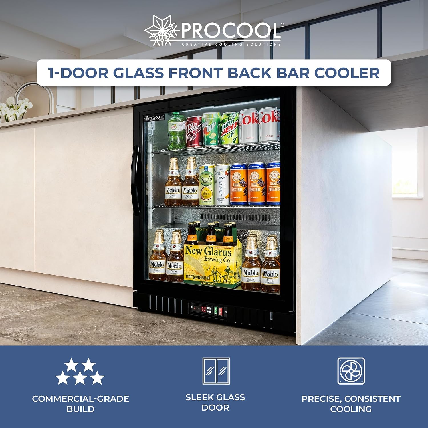 Procool 1-Door Undercounter Refrigerator - 33' Tall Energy Efficient Black Beverage Cooler With Glass Door & White LED Lights - Residential Beverage Refrigerator For Entertaining Spaces & Home Bars
