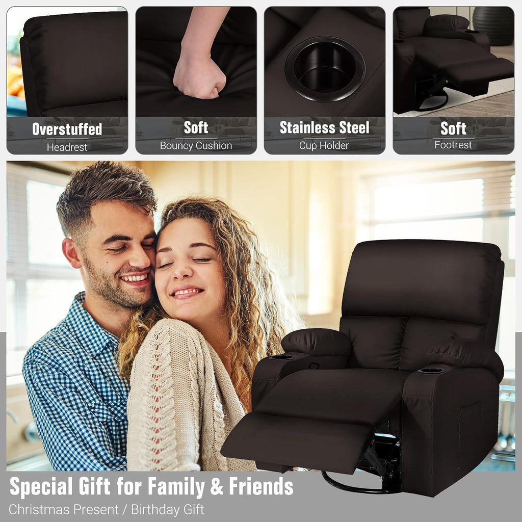 LEVELEVE Rocking Recliner Chair, Massage Rocker Recliner Chair with Vibration Massage and Heat,360° Swivel Recliner Chairs, Living Room, Bedroom, Nursery, RV, Brown