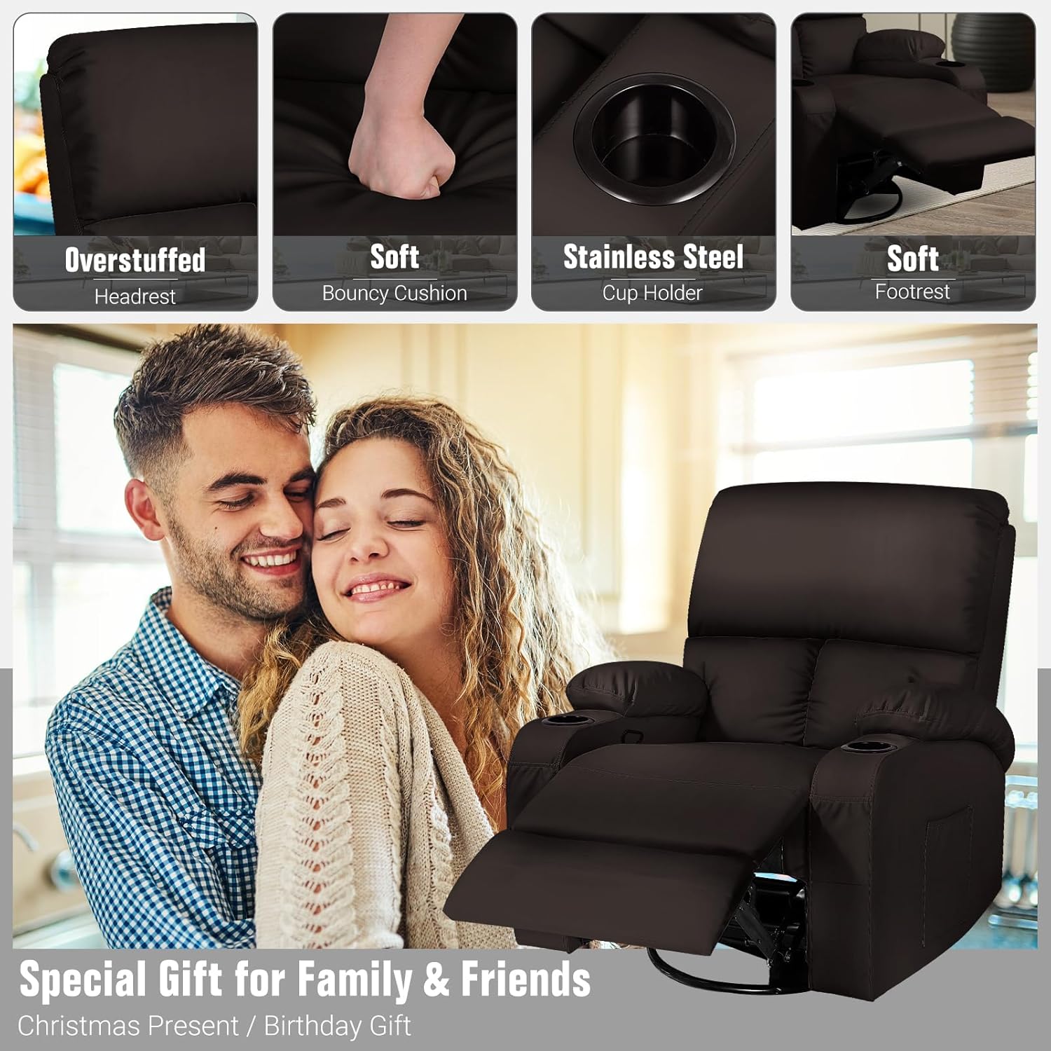LEVELEVE Rocking Recliner Chair, Massage Rocker Recliner Chair with Vibration Massage and Heat,360° Swivel Recliner Chairs, Living Room, Bedroom, Nursery, RV, Brown
