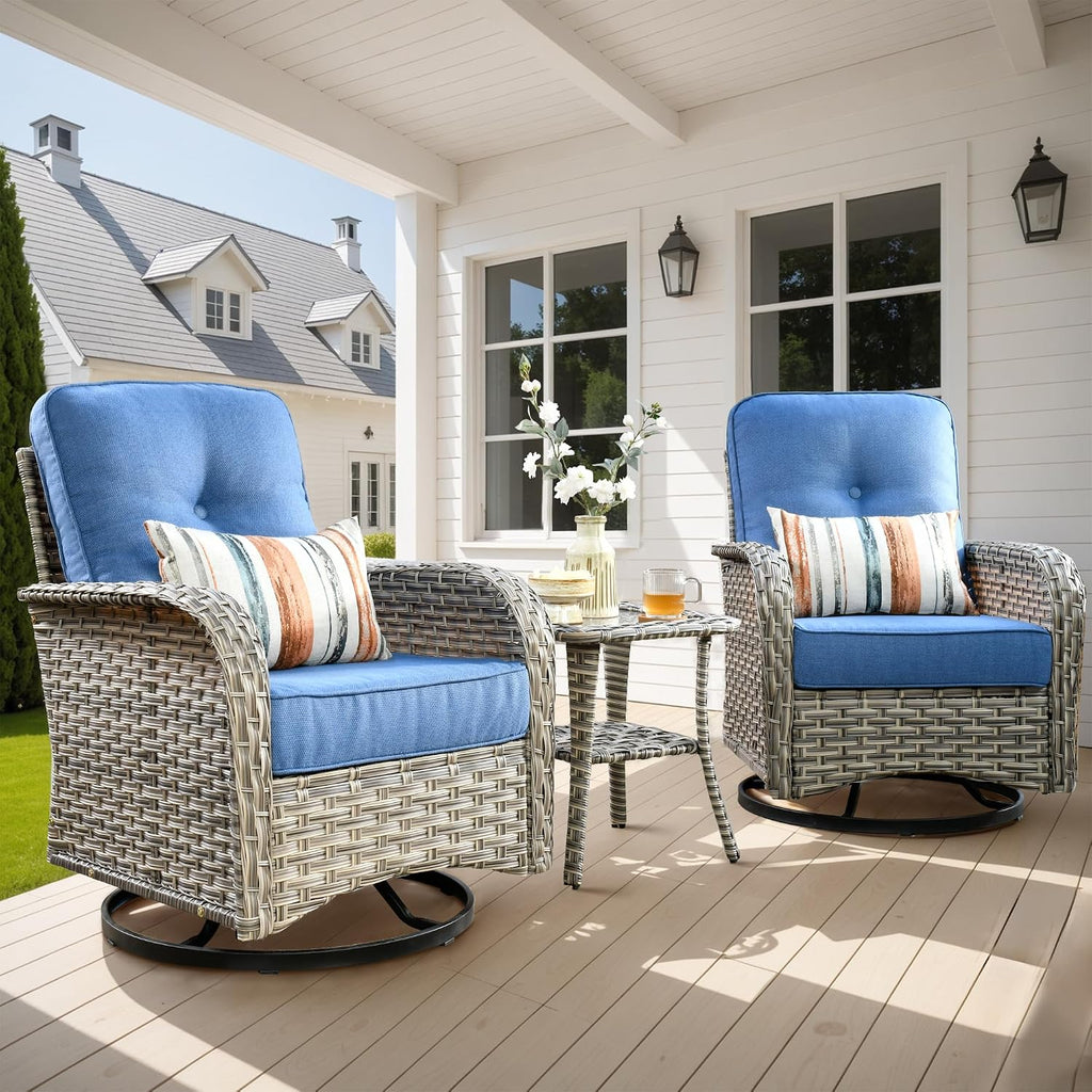 ovios Outdoor Swivel Rocking Chair Set of 3 with Coffee Table, Patio Wicker Rocker with Comfortable Thicken Deep Seating, Comfy Rattan Glider Chairs for Porch Deck Balcony Garden Backyard, Blue