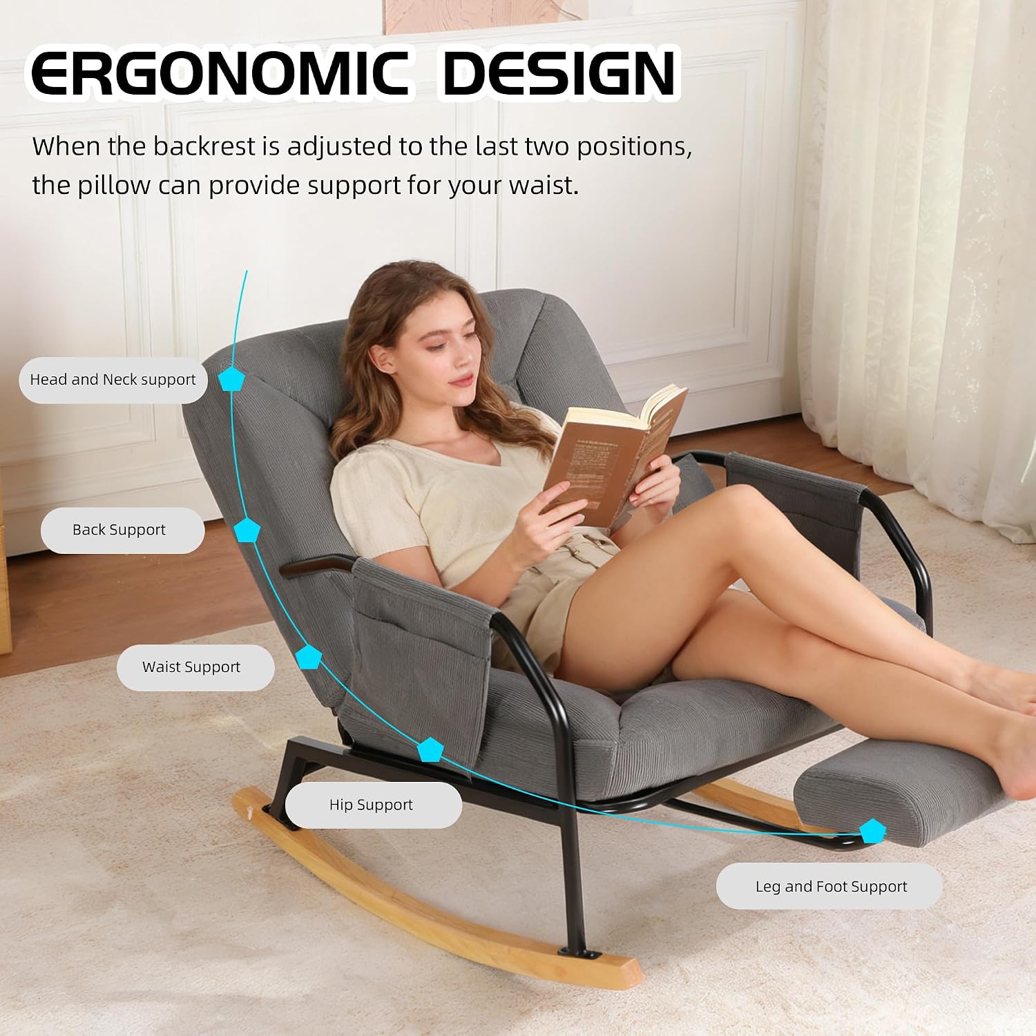 Oversized Rocking Chair, Extra-Wide Glider Patio Rocker Chairs with Foot Rest, Padded Cushion, Adjustable Backrest, Mental Wooden Farm, Indoor/Outdoor Living Room Bedroom Balcony Porch, Grey