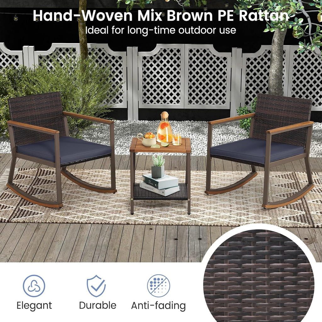 Outdoor Rocking Chair Set, 3 Pieces Patio Set with Rocking Chair, Coffee Table & Cushions, Patio Wicker Furniture Set for Balcony, Porch & Backyard (Navy Blue)