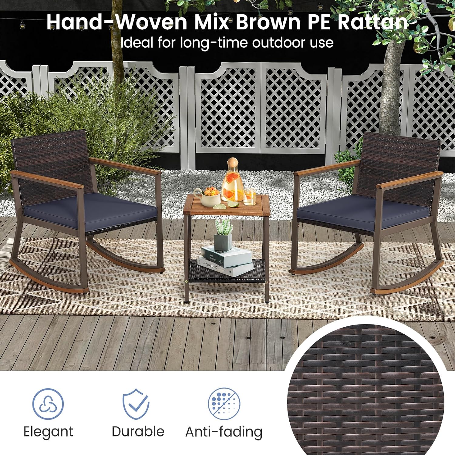 Outdoor Rocking Chair Set, 3 Pieces Patio Set with Rocking Chair, Coffee Table & Cushions, Patio Wicker Furniture Set for Balcony, Porch & Backyard (Navy Blue)