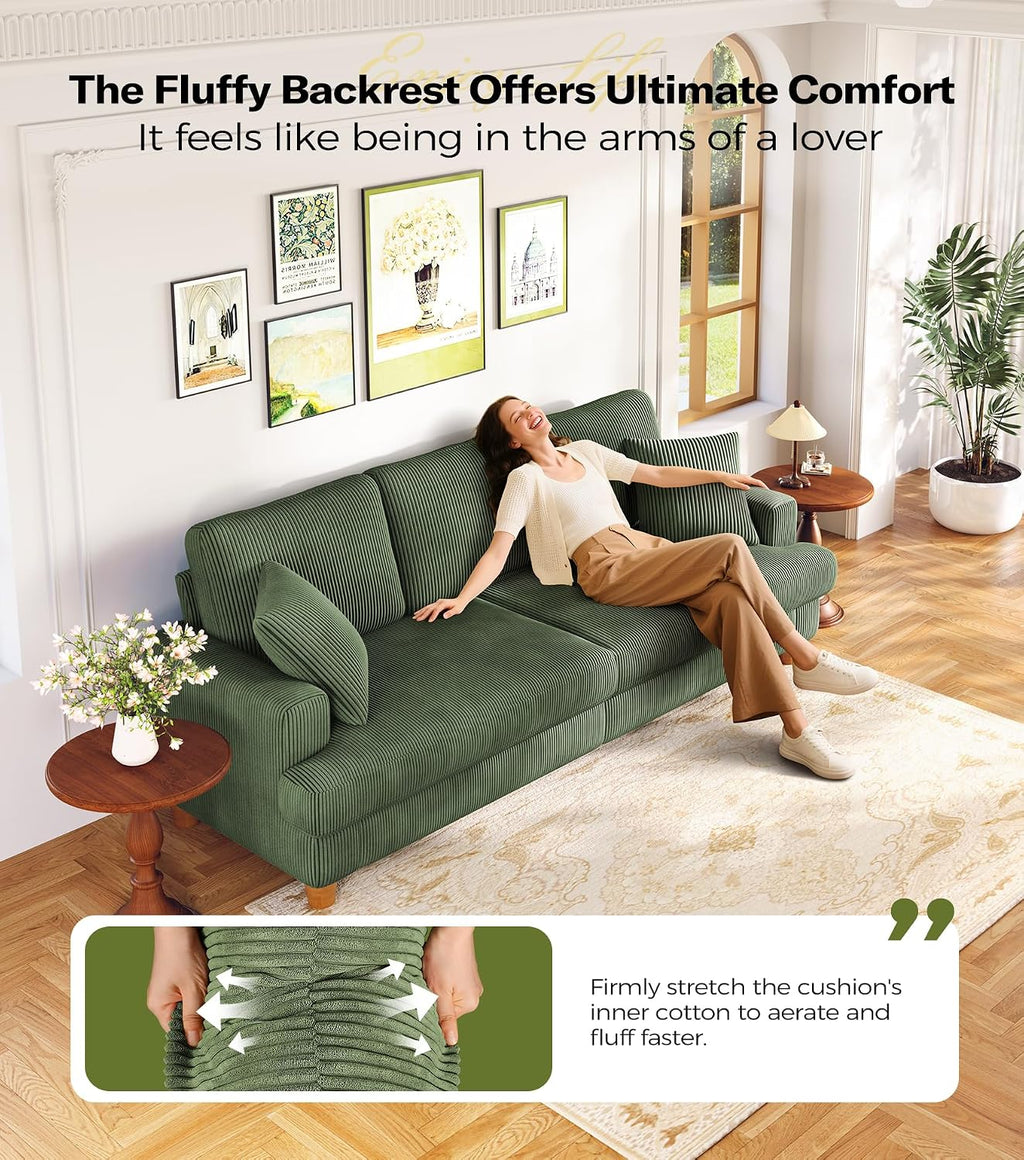 87in Corduroy Couch, Kidirect Sofa No Tool Assembly, Comfy Couches for Living Room 21in Deeper Seats, Corduroy Sofas for Living Room with 2 Pillows, Oversized Loveseat Sofa, Boho Love Seat Green Couch