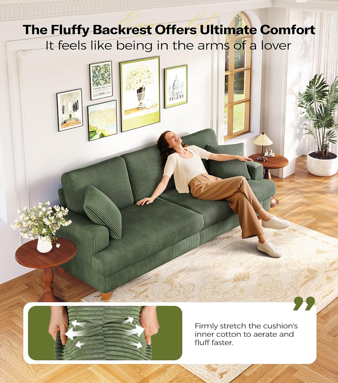 87in Corduroy Couch, Kidirect Sofa No Tool Assembly, Comfy Couches for Living Room 21in Deeper Seats, Corduroy Sofas for Living Room with 2 Pillows, Oversized Loveseat Sofa, Boho Love Seat Green Couch